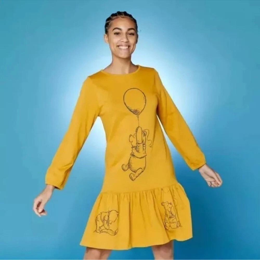 Disney Winnie The Pooh Honey Yellow Shirt Dress Drop Waist Balloon Sleeve Sz M